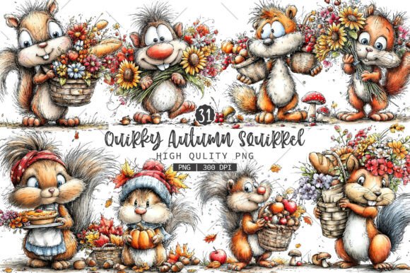 Download Quirky Autumn Squirrel Clip Art Bundle - Autumn Collection