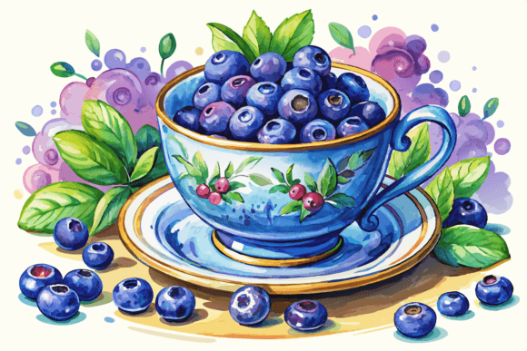 Download Teacup with Blueberries Watercolor - Blueberries Collection
