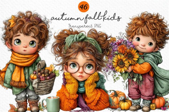 Download Whimsical Autumn Fall Kids Clipart PNG - Autumn Collection